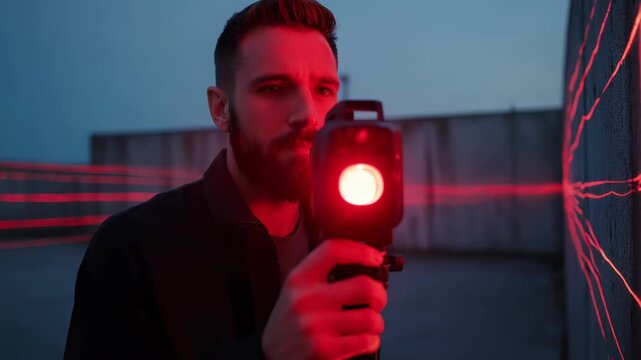 Professional Technician Using Handheld 3D Laser Scanner on Concrete Wall