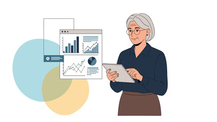 Obraz premium Intelligent elderly woman in glasses using a digital tablet to analyze business data and charts shown on a virtual interface.