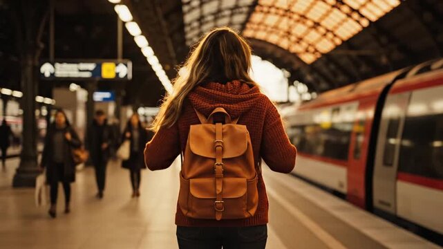Traveler with a rustic backpack stands on a train station platform, patiently awaiting a train for an exciting journey or daily urban commute
