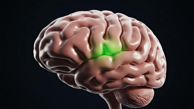 Brain with illuminated green section, illustrating neurological activity and neuroscience on dark background.