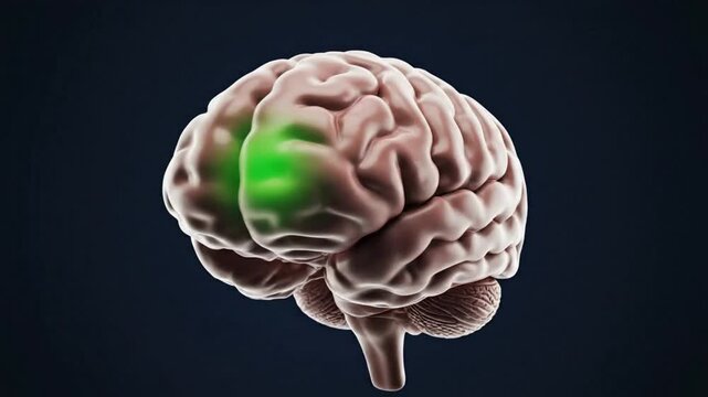 Brain with highlighted prefrontal cortex demonstrating neurological function and brain activity on dark background