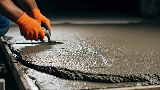 Construction worker smoothing wet concrete with hand trowel on building site