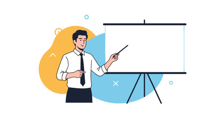 Professional man in a white shirt and black tie giving a presentation using a pointer stick on a blank white projector screen.