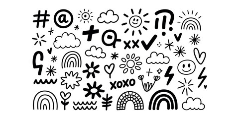 Obraz premium Black and white doodle including symbols and shapes clouds in white background.
