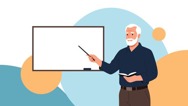 Senior male teacher with gray hair and beard pointing at a blank whiteboard while holding a notebook during a lecture.