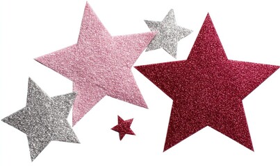 Obraz premium Glittery stars in pink, red, and silver, scattered across a white background