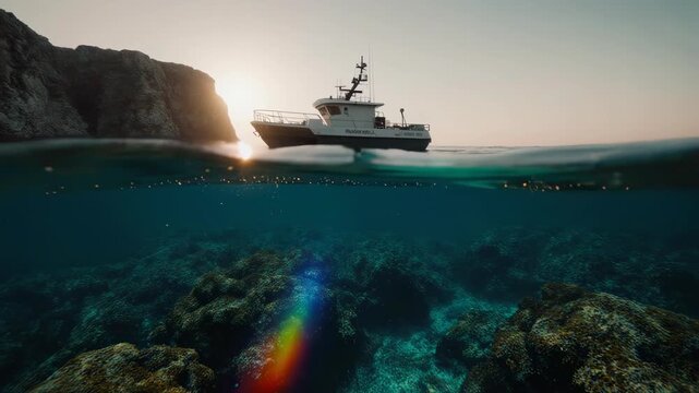 Split View of Marine Research Boat at Sunset Over Coral Reef