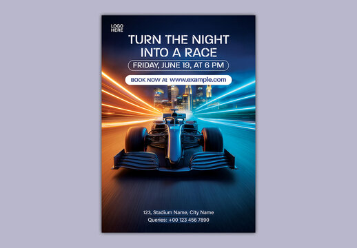 Editable Night City Formula Car Racing Event Promotion Flyer Template with Speed Light Trails and Motorsport Championship Design.
