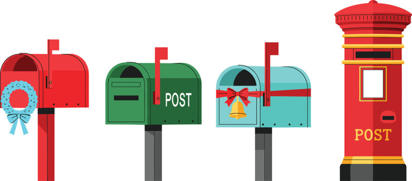 Set of flat vector illustrations featuring various postal boxes including a classic red British pillar box and colorful suburban mailboxes decorated with wreaths bows and bells.