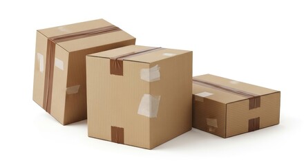 Fototapeta premium Three cardboard boxes isolated on white background showcasing packaging and shipping with neutral tones and textured surfaces in a studio setting