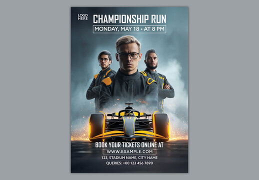 Editable Formula Style Car Racing Championship Event Promotion Flyer Template with Professional Drivers and Speed Motorsport Design.