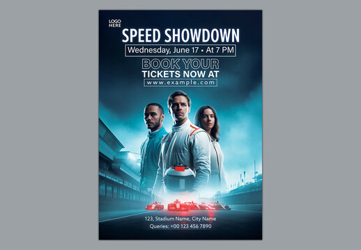 Editable Formula Style Car Racing and Speed Showdown Event Promotion Flyer Template with Professional Drivers and Book Your Tickets for Motorsport Championship.