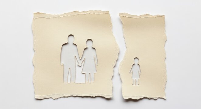 Torn paper depicting family separation concept of divorce or broken relationship with parents and child paper texture and soft off white background