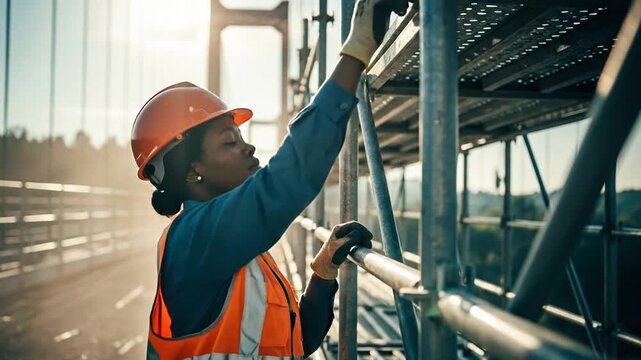 Female construction worker wearing safety helmet and vest inspecting scaffolding on outdoor building site in sunlight