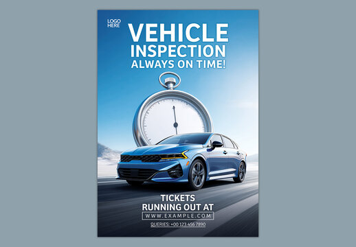 Editable Vehicle Inspection Service Promotion Flyer Template with Blue Car Model and Stopwatch Concept for Automotive Appointment Booking.