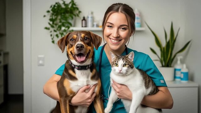 Female Veterinarian Holding Dog and Cat in Clinic animal