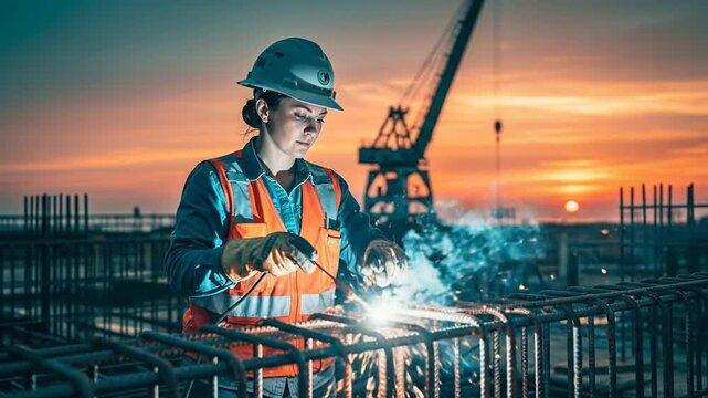 Female construction worker welding steel rebars at sunset on building site with crane in background