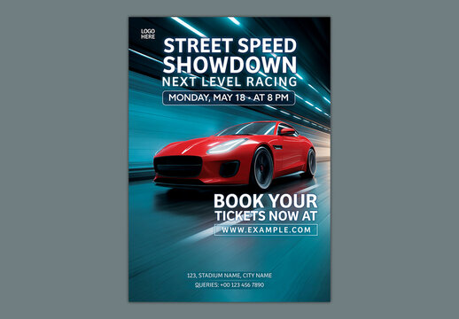 Editable Car Racing Speed Showdown Event Flyer Template with Red Sports Car Motion and Next Level Racing Concept for Motorsport Championship.