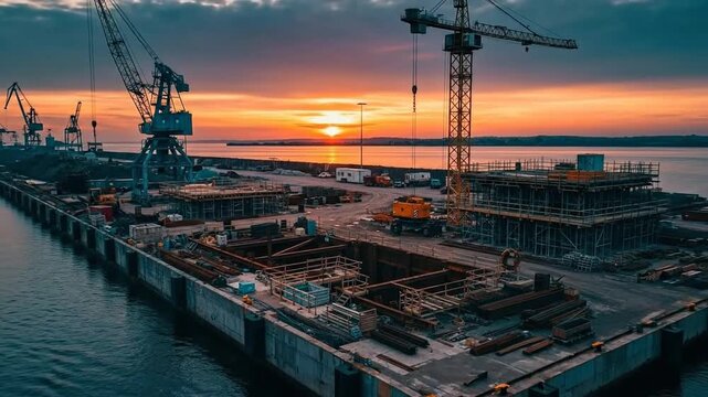 Industrial port construction site with cranes and scaffolding at sunset over calm water, heavy machinery and building materials for marine infrastructure