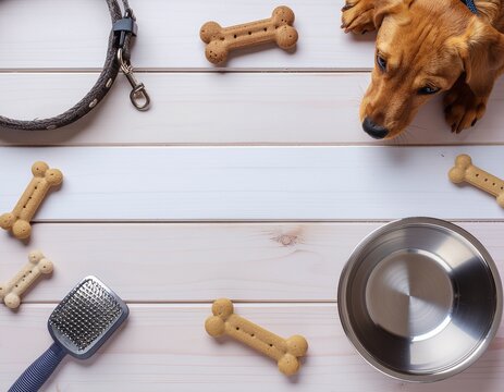 A flat lay view of puppy accessories, a top view of a dog collar, leash, and dog food in the form of a bone presented in sequence.