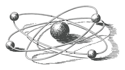 Vintage Atomic Model Illustration with Orbiting Electrons and Central Nucleus © Batter stock