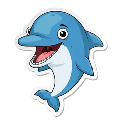 Obraz premium Happy blue cartoon dolphin character with an open mouth and white teeth, depicted as a cheerful marine animal sticker with a white outline. isolated PNG with Transparent Background