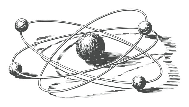 Vintage Atomic Model Illustration with Orbiting Electrons and Central Nucleus
