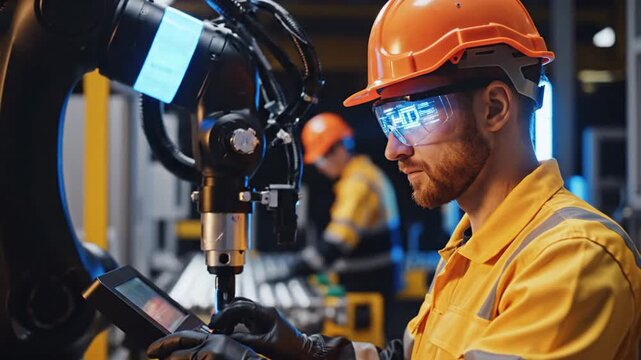 Skilled male engineer in protective gear programming an advanced robotic arm on a modern manufacturing assembly line, showcasing smart factory automation and industrial technology