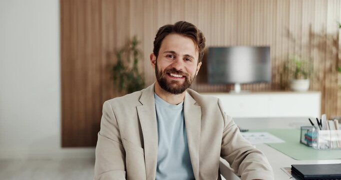 Face, businessman and smile in office for publishing career, news reporting and job development. Writer agency, journalist and happy for creative opportunity, ambition and about us in newsroom