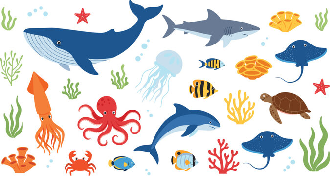 Large set of cute flat vector icons featuring marine animals like whale shark dolphin turtle octopus squid jellyfish and colorful coral reef elements for underwater themed designs.