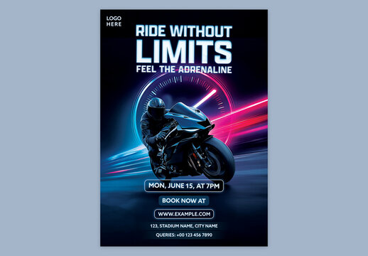 Editable Motorcycle Racing Championship Event Flyer Template with Neon Light Trails and High Speed Bike Track Action for Ticket Booking Promotion.