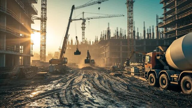 Urban construction site with cranes, excavators, muddy ground, and unfinished multi-story buildings during sunrise, showcasing heavy equipment and industrial building process
