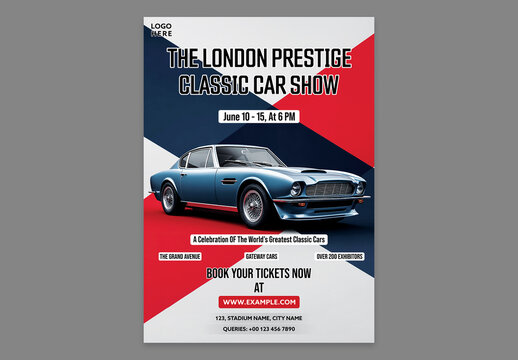 Editable Prestige Classic Car Show Event Promotion Flyer Template with Book Your Tickets for Vintage Auto Exhibition.