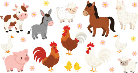 Large set of cute cartoon farm animals featuring cow donkey sheep horse alpaca pig rooster hen chick and goose with decorative flowers for kids education and nursery designs. © Mun islam
