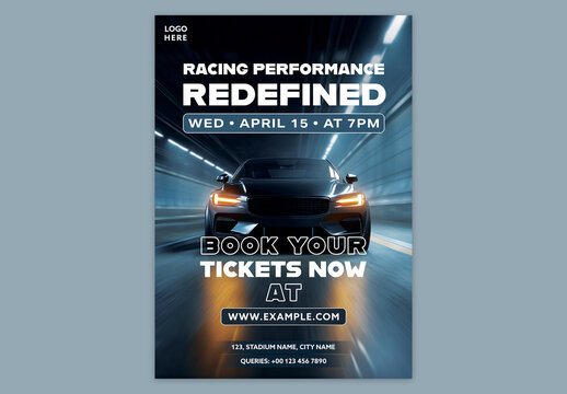 Editable Car Racing Performance Flyer Template with High Speed Track Action and Book Your Tickets for Motorsport Championship Event.