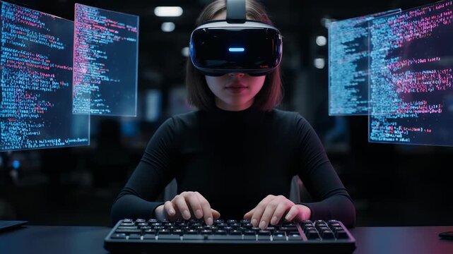 Futuristic Female Programmer Coding in Virtual Reality Workspace