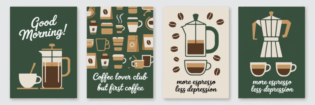 Good morning coffee lover illustration with french press and coffee cups for breakfast and cafe enjoyment