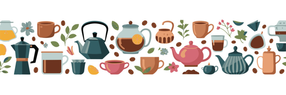 Seamless pattern of coffee and tea pots cups and beans for cafe background