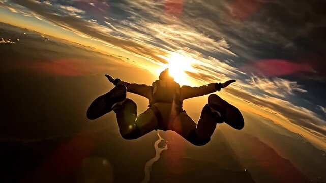 Skydiver experiences exhilarating freefall against a vibrant sunset, captured in a breathtaking aerial perspective