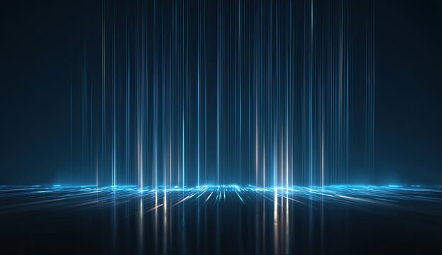 Abstract blue light streaks ascend from a dark, reflective surface