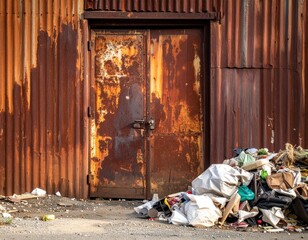 Rusty Door with Accumulated Trash in an Urban Industrial Setting
