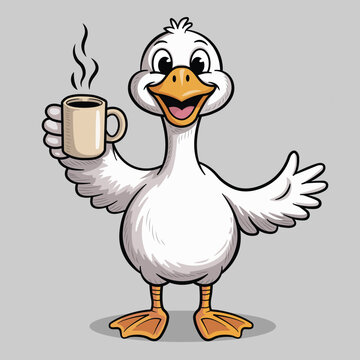 Cute Cartoon Duck Holding Coffee Mug Mascot Illustration