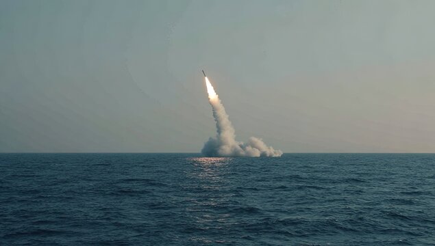 A missile launches from the ocean, ascending skyward with a plume of smoke
