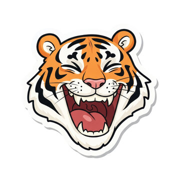 Cartoon tiger head sticker with a wide open mouth and closed eyes, laughing joyfully. Created in a flat vector style with orange, black, and white colors