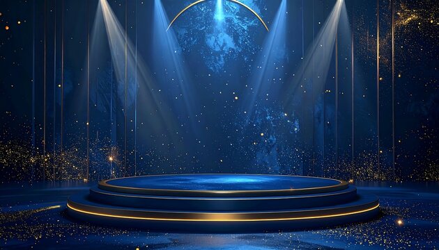 Illuminated podium on a blue background with gold accents, sparkle