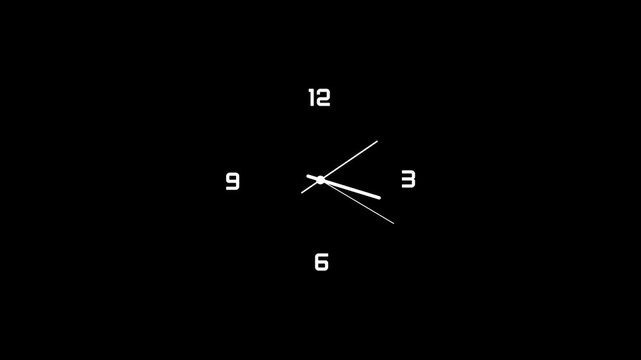 A clock face with white numbers and hands on a black background
