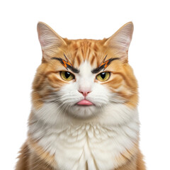 Obraz premium Close-up portrait of an orange and white tabby cat with an angry expression, sticking out its tongue and featuring drawn-on black lightning bolt eyebrows