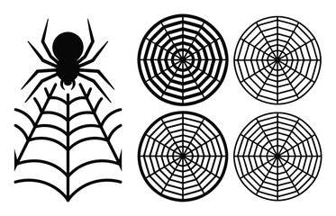 Fototapeta premium Black Spider and Multiple Spiderweb Designs on White Background