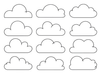 Obraz premium Collection of 12 Simple Outline Cloud Icons on White Background