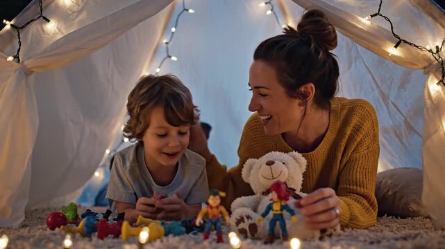 Happy mother and son enjoying playful moments inside a magical fairy light fort, bonding over creative imagination and cherished childhood adventures